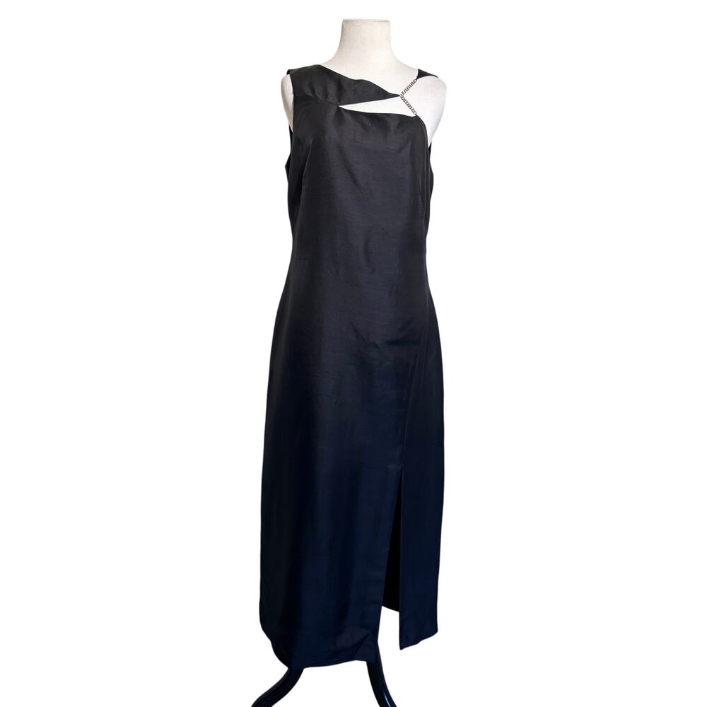 Vintage 90s Robbie Bee Black Silk Column Sheath Maxi Dress Rhinestone Strap